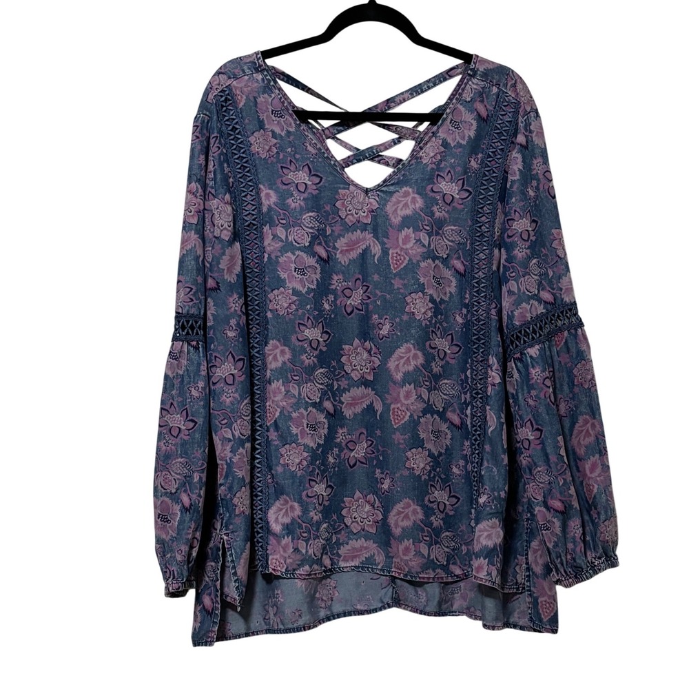 Standard Grace - XL - Floral Lyocell Tunic Blouse‎ Blue Purple Strappy Back